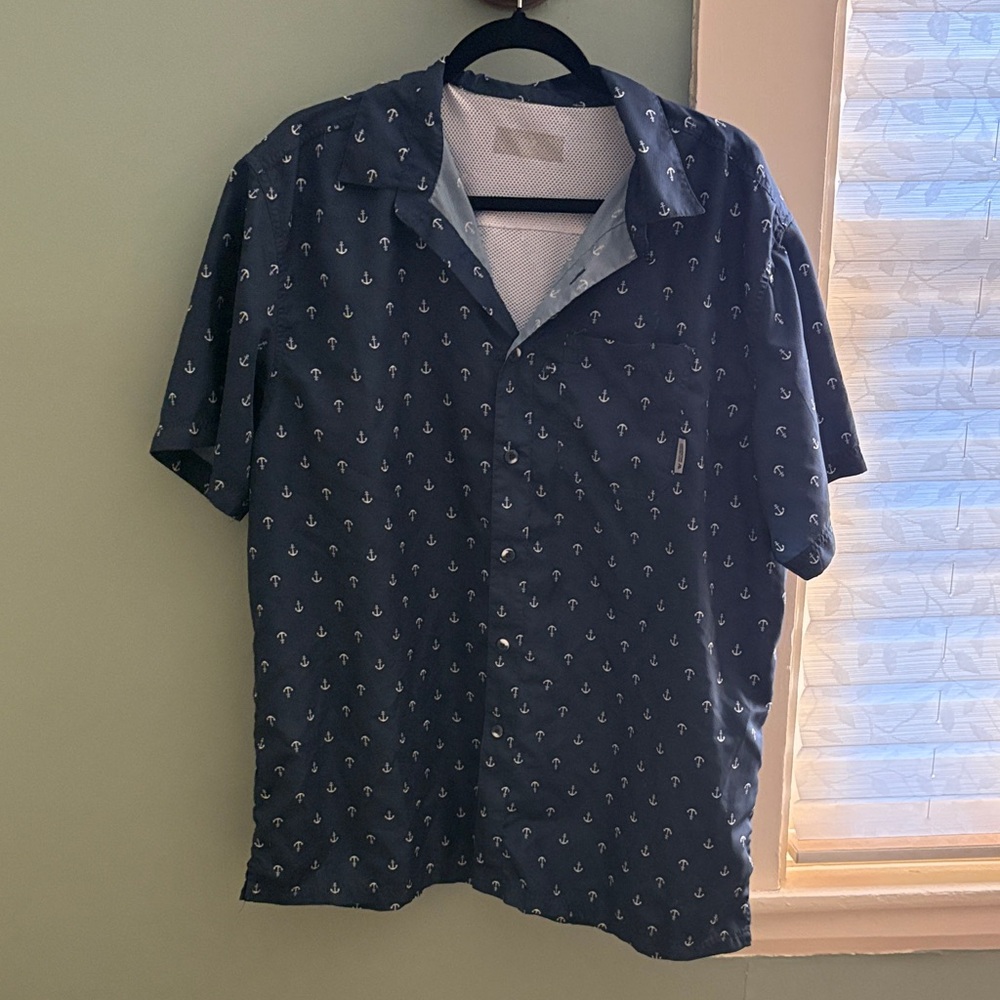 Men’s Navy Anchor Print Button Up Shirt XL Lightweight Beach Hawaiian Nautical